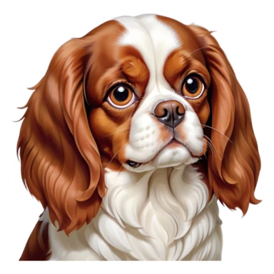 Cinematic Grumpy Blenheim Cavalier King Charles Spaniel Portrait Emoji, Head tilted slightly with a deeply unimpressed expression, thick Blenheim coat with pronounced chestnut and white markings, large, droopy brown eyes narrowed into an unamused glare, ears slightly drooping in exasperation, Simplified yet comically expressive features, highly detailed, glowing with a dry, sarcastic glow, high shine, effortlessly judgmental yet dignified, stylized with a touch of cynicism, bright but brooding, soft glowing outline, capturing the essence of an eternally unimpressed yet endearing companion, so lifelike it feels like it could sigh heavily at you in disdain at any moment! sticker