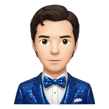 Benedict Cumberbatch with dark brown hair, indigo sequin suit with bow tie sticker