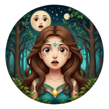 shocked forest mystic woman long wavy brown hair tattoos wide eyes moon glow sticker