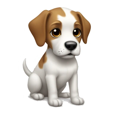 a dog with a black-brown muzzle, completely white paws and body, and a small black spot on the left side of the body sticker