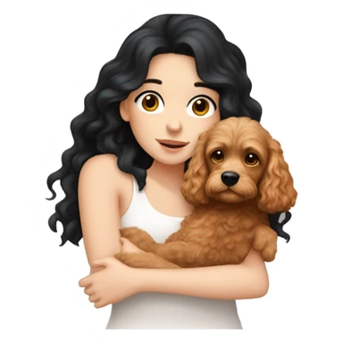 White skinned european girl with long black hair cuddling with an apricot coloured cockapoo sticker