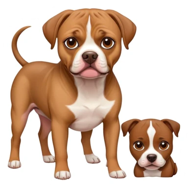small brown puggle dog with large brown and white pitbull  sticker