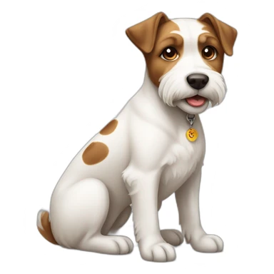 white and brown terrier dog sitting down with his left ear being brown and right ear as white with brown spots sticker