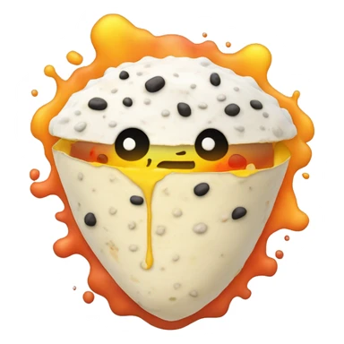 white tapioca tortilla folded in half, filled with multicolored goo in front of a nuclear blast sticker