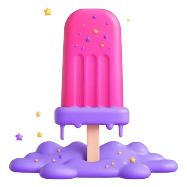 A 3D iOS style emoji of a melting popsicle with a pink and purple color scheme, surrounded by stars and sparkles. sticker