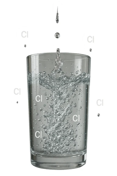 un bicchiere di acqua cade verticalmente dall'alto realistico e dettagliato, dentro l'acqua del bicchiere ci sono particelle di cloro ben visibili con la scritta "Cl" sopra, ci sono particelle anche che escono dal bicchiere e fluttuano in aria verticalmente, mentre alcune sono all'interno dell'acqua nel bicchiere, iperrealistico 4k sticker