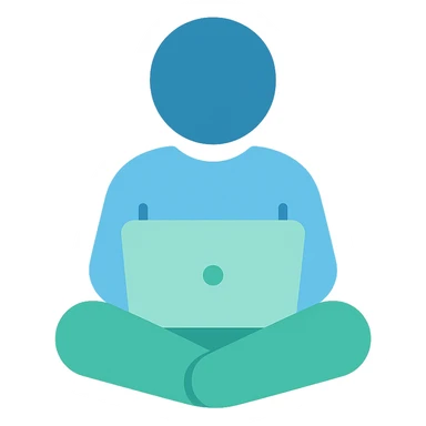 Person sitting with a laptop, flat emoji style, outline with blue and turquoise colors sticker