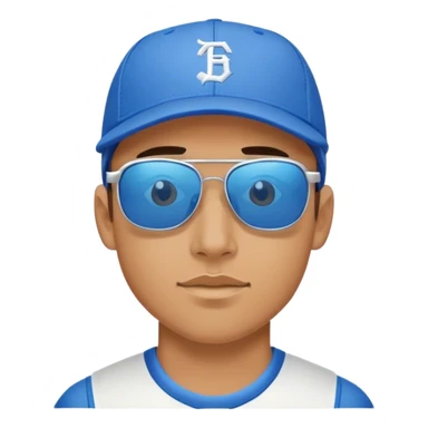 A young man standing with  blue backward baseball cap and sporty reflective sunglasses.  sticker