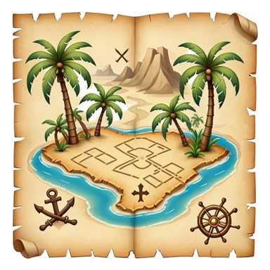 A detailed pirate treasure map with dotted paths, palm trees, and X marks the spot sticker