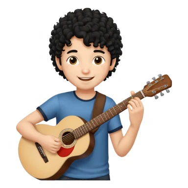 A boy with black curly hair Smiling and holdijg a guitar  sticker