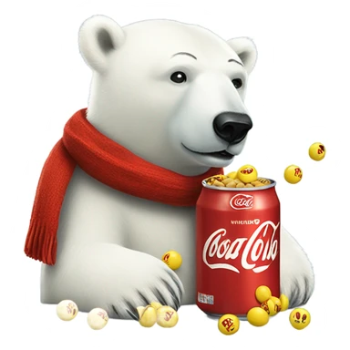 Polar bear in coke scarf kissing the yellow peanut m&m sticker