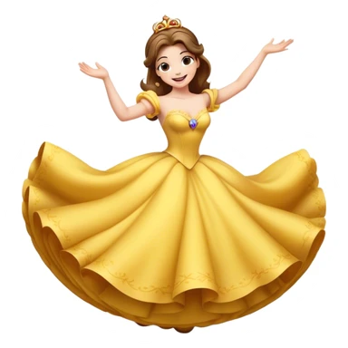 Cinematic Playful Belle Portrait Emoji, Spinning joyfully in her ball gown, arms outstretched, a radiant smile lighting up her face, exuding an enchanting blend of fun and elegance! sticker