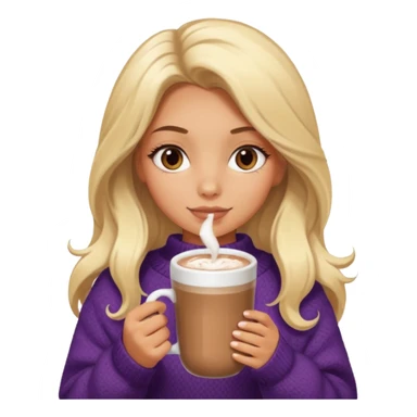 Tanned Girl with lashes , blonde hair, in an extremely big fluffy oversized and hold hot chocolate drink sticker