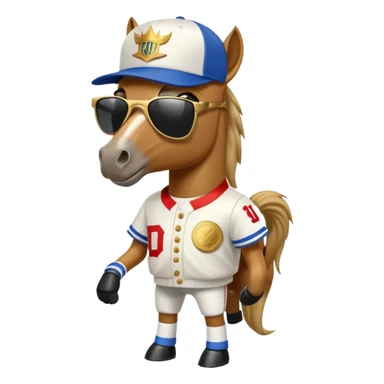 friendly anthropomorphised horse in RUN DMC style outfit, gold medal, baseball hat, sunglasses sticker