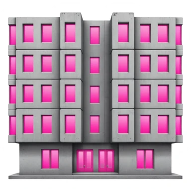 Brutalist gray concrete building with multiple windows where only one window glows bright pink and the rest are normal sticker