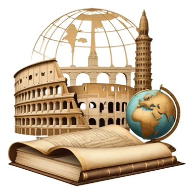 An icon featuring an ancient scroll, a quill pen, and a globe, surrounded by famous historical landmarks and statues of notable figures, like the Colosseum or Napoleon. The design symbolizes the exploration of history through monuments and people. Transparent background highlights the past sticker