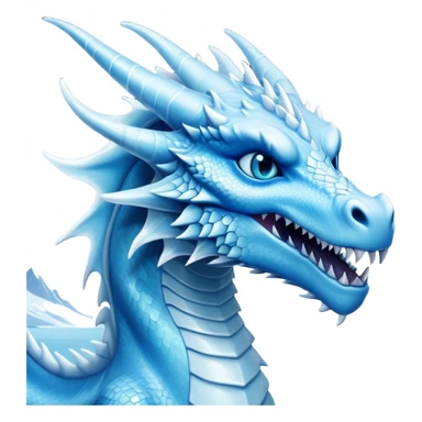 Cinematic Noble very elegant slender Ice Dragon Portrait Emoji, Poised and imposing, distinct long elegant snout, with a slender, scaled body shimmering in glacial hues of icy blue, frostbitten silver, and crystalline white, breathing out frost, with piercing, glowing ice blue white eyes that radiate the chilling depths of an arctic storm; rendered in detail. excuding wisdom sticker