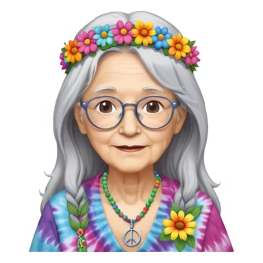 elderly woman with long grey hair, glasses, peace sign necklace, tie-dye clothing, flower crown sticker
