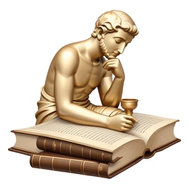 An icon featuring a thinker statue, a scroll, symbolizing philosophy. The design includes books and abstract symbols representing deep thought and wisdom. Transparent background highlights the study of ideas, logic, and existential questions sticker