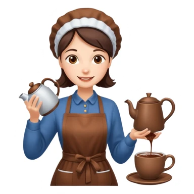 A cheerful woman wearing a winter apron, pouring cocoa from a kettle into tiny cups.
 sticker