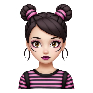 generate a pretty fair bratz girl with dark brown eyes. Dark brown hair straight hair with pink highlights tied into buns. Big eyeliner. black lipstick. Black and white striped top.  sticker