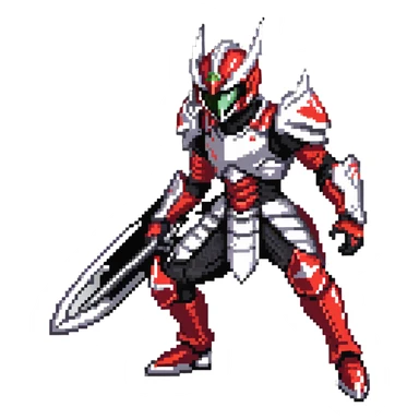 Kamen Rider Ryuki in full red and silver armor with black underlayers, silver dragon-themed helmet with sharp visor slits, intricate scale-like paneling, in a defensive yet ready pose, facing a lunging mirror monster sticker