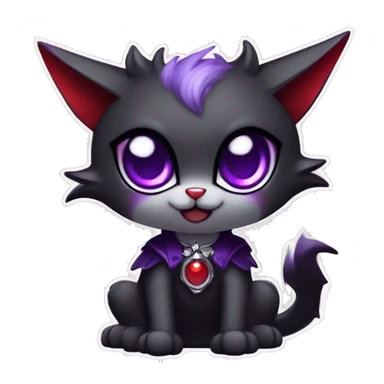 Anthro-Cute-Edgy-Cool-Vampiric-Batty-Cat-Black-Purple-Red-Grey-White-Yellow-Contrast-Colors-Fantasy-Fur-Sona-Chibi-Shiny-Fakémon-Hybrid with horns and fangs and collar full body sticker