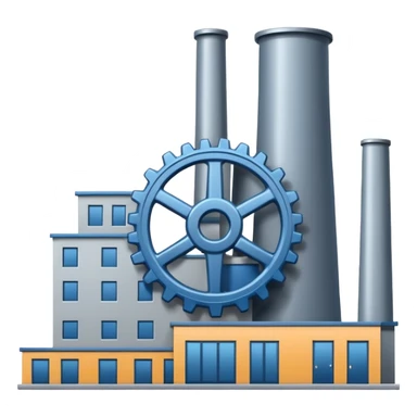 "A minimalist vector icon of a modern manufacturing factory building with a gear symbol above it. Blue and grey color scheme, flat design, white background, simple thick lines, professional business logo style." sticker