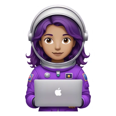 astronaut with purple suit, long ombre black/brown wavy hair and one macbook sticker