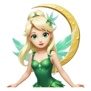 Isolated, 3D rendering, Tinkerbell with futuristic cyberpunk style and colors, ultra detailed wings, flying above the fluffy clouds near the moon, blonde long shiny hair,  emerald strik green eyes, still life, vivid colors, detailed, storybook masterpiece  sticker