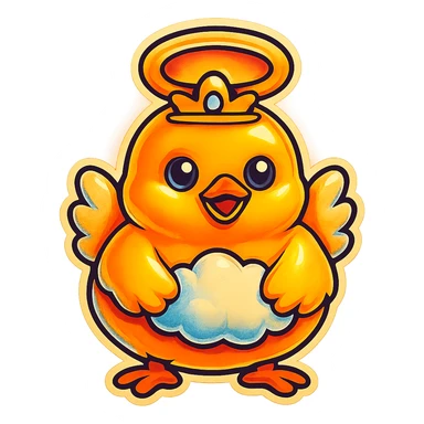 Make the halo much bigger and floating high above the baby chick's head, like a saint, keep the style and transparent background. sticker