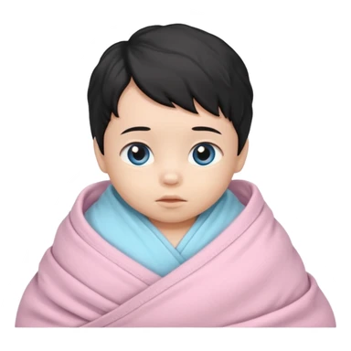 a  asian newborn baby with black wavy hair and blue eyes wrapped in a light pink swaddle sticker