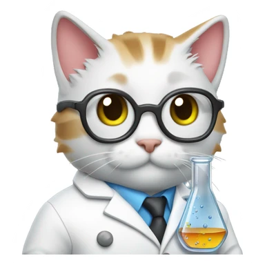 cat wearing chemistry lab coat goggles and has flask with chemicals sticker
