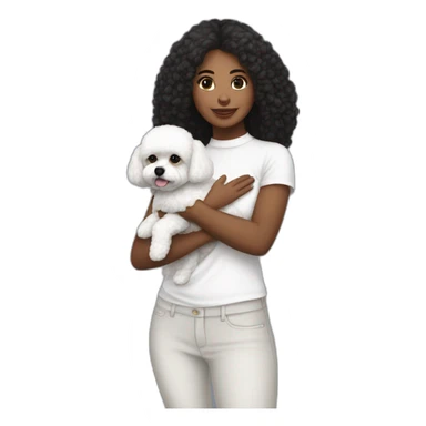 mujer pelo negro largo piel blanca y perro bichon blanco sticker