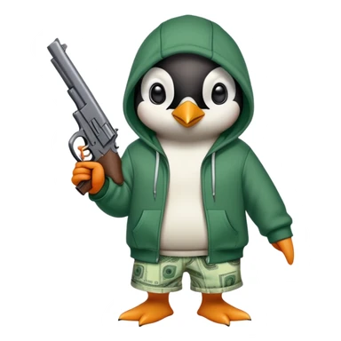 A cute half-dolphin half-penguin thug with a gun, wearing a blood-stained green hoodie and Dollar General shorts sticker