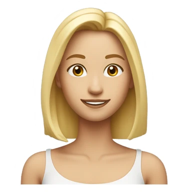 Hair: Blonde, straight, shoulder-length.
Eyes: Warm and expressive.
Expression: Friendly smile.
Face shape: Oval with gentle features.
Skin tone: Light with a healthy glow.
Clothing: Simple blouse in a soft color. sticker