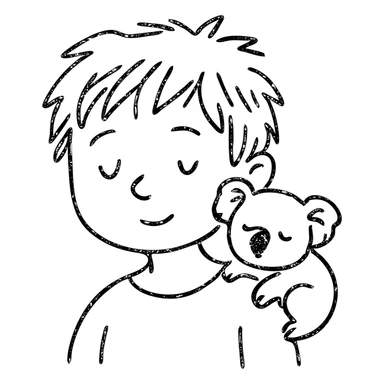 light brown messy haired boy with a tiny sleepy koala on his shoulder, hand drawn outlined icon sticker