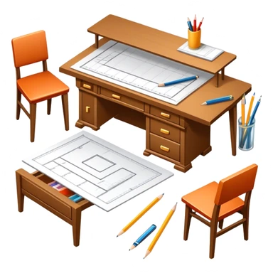 Icon for Furniture Design: a furniture drawing with 3D models of furniture pieces placed on top, accompanied by rulers and a pencil. The icon should represent the design process with focus on precision and modeling. Transparent background. sticker