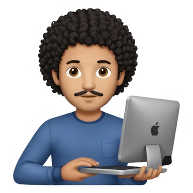 men holding his computer in hands. light brown skin men with curly black hair, dark brown eyes, little grown beard. ust a tiny bit muscular. dressed casual. round face. Dont Apple book  sticker