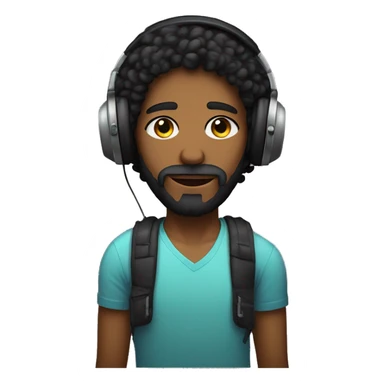 A Beautiful teenager with a long face, black light beard, sharp nose, sleepy eyes and black curly hair wearing Apple headphones sticker
