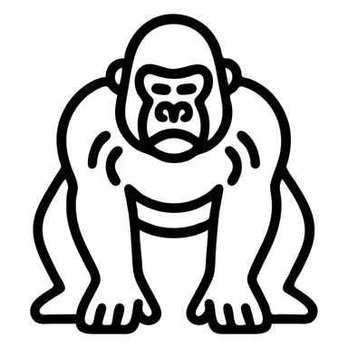 a gorilla in a defensive posture, all paws on the ground, stopping just in front of the observer, nostrils clearly visible, heavy breathing, not showing teeth, iconographic style, simple and expressive sticker