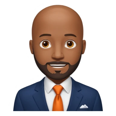 headshot of a sophisticated, stylish, bald head Caribbean black man with a beard and goatee in a navy blue suite, white shirt and dark orange tie with small eyes sticker