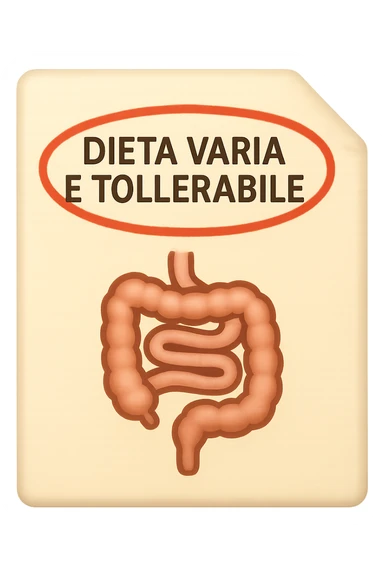 emoji stile iphone di un foglio con un INTESTINO disegnatO sopra e la scritta "DIETA VARIA E TOLLERABILE" CERCHIATA IN ROSSO, iperrealistico 4k, isolato su sfondo bianco sticker