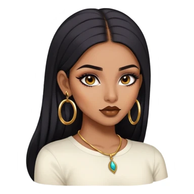 indian girl, brown skin, long black voluminous hair, brown underneath colored hair, baddie,pretty, makeup, lipliner, black eyeliner, gold hoop earrings, white top sticker