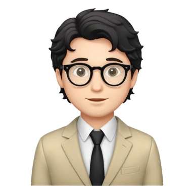 Young caucasian man with black wavy hair, round glasses, semi-formal theater outfit with blazer and collared shirt sticker