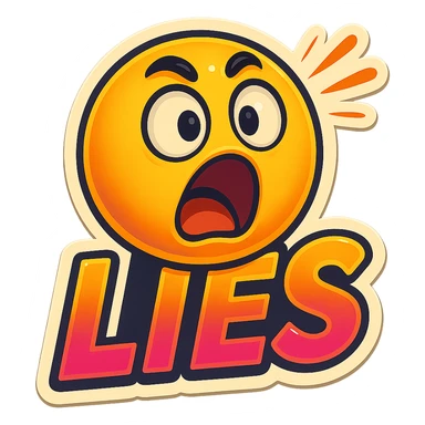 animated emoji with expressive face, mouth open, eyes wide, with the word 'LIES' in bold energetic lettering, vibrant colors, cartoon style, dynamic motion lines sticker