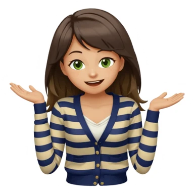 Gorgeous brunette girl green eyes, striped cream and navy blue cardigan and cream shirt, with swoop bangs and long hair having fun, laughing with mouth closed eyes squinted closed, hand on stomach laughing sticker