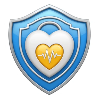 Health monitoring icon, heart inside shield, signal waves, emoji style, modern clinic branding sticker
