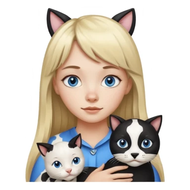 One  cat black and white stain like a cow in the arms of long blond hair girl with bangs and blue eyes sticker