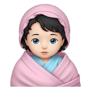 a  female asian newborn baby with black wavy hair and blue eyes wrapped in a light pink swaddle sticker